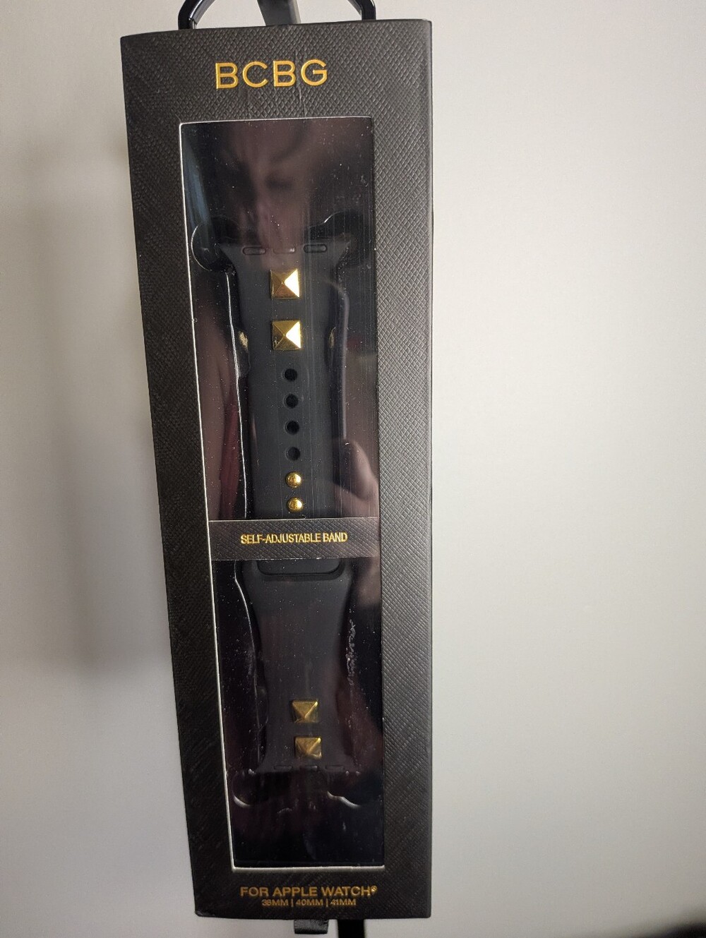 NIB BCBG Black Silicone Apple Watch Band with Gold Pyramid Studs 38/40/41mm